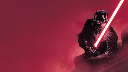 Comic-style 2K Quad HD PC wallpaper of Darth Vader from Star Wars: a Sith cloaked in black, igniting a red lightsaber against a stormy crimson background.
