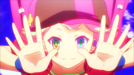 HD PC desktop wallpaper of Tet from No Game No Life — vibrant anime close-up with neon multicolored eyes, pink hair, and hands pressed toward the viewer.