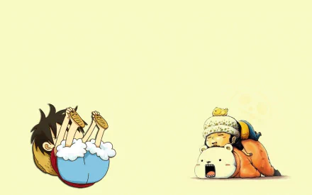 HD wallpaper featuring chibi versions of Trafalgar Law, Monkey D. Luffy, and Bepo from the anime One Piece against a light yellow background.