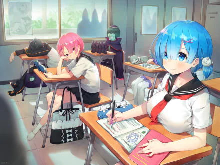HD desktop wallpaper featuring anime characters Petelgeuse Romanée-Conti, Subaru Natsuki, Ram, Rem, Pack, and Emilia from Re:Zero - Starting Life in Another World in a classroom setting.