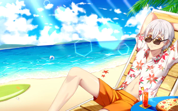 Yashiro Isana from the anime K Project relaxes on a sunny beach in this HD PC desktop wallpaper, wearing sunglasses and casual summer attire.