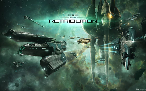 EVE Online Retribution 2K Quad HD wallpaper: futuristic space station and armada of spaceships amid a green nebula, video game PC desktop background.