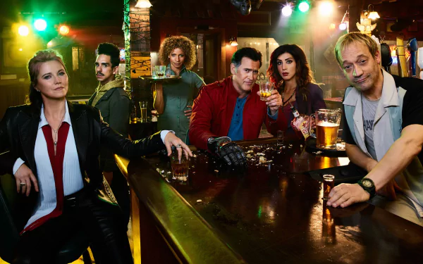 TV show Ash vs. Evil Dead characters gathered at a smoky bar, drinks and weapons on the counter; 2K Quad HD PC desktop wallpaper and background.