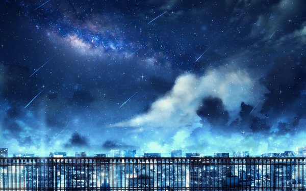 Anime Original Cloud Sky Night City Comet Stars Building HD Wallpaper | Background Image