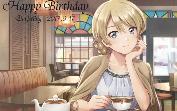 Anime character Darjeeling from Girls und Panzer enjoying tea in a cozy café with a “Happy Birthday” message and date 2017.9.17. High-definition desktop wallpaper.