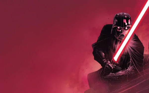 Comic-style 2K Quad HD PC wallpaper of Darth Vader from Star Wars: a Sith cloaked in black, igniting a red lightsaber against a stormy crimson background.