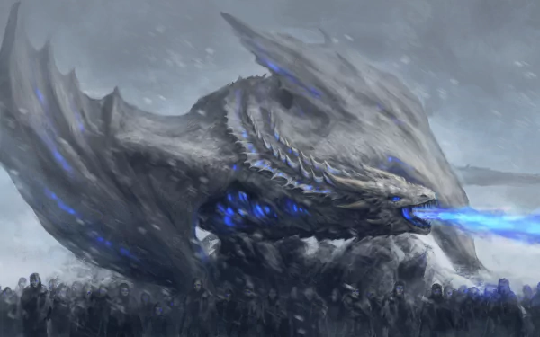 An imposing undead dragon from Game of Thrones breathes icy blue fire amidst a backdrop of dark, shadowy figures, creating a chilling atmosphere in this HD desktop wallpaper.