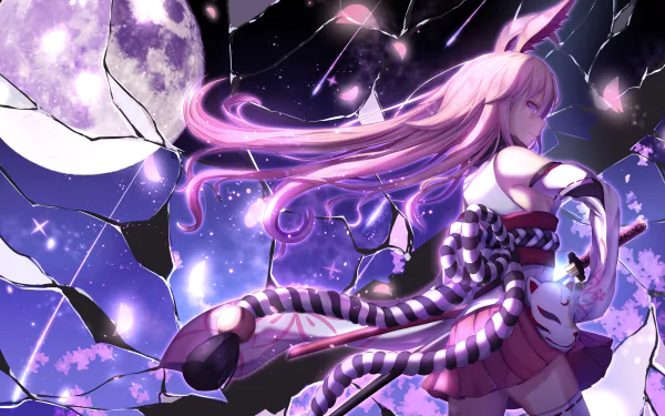 An HD desktop wallpaper featuring Yae Sakura from Benghuai Xueyuan in the Guns Girl - School DayZ anime, set against a dreamy, celestial background with a shattered moon and glowing pink hues.