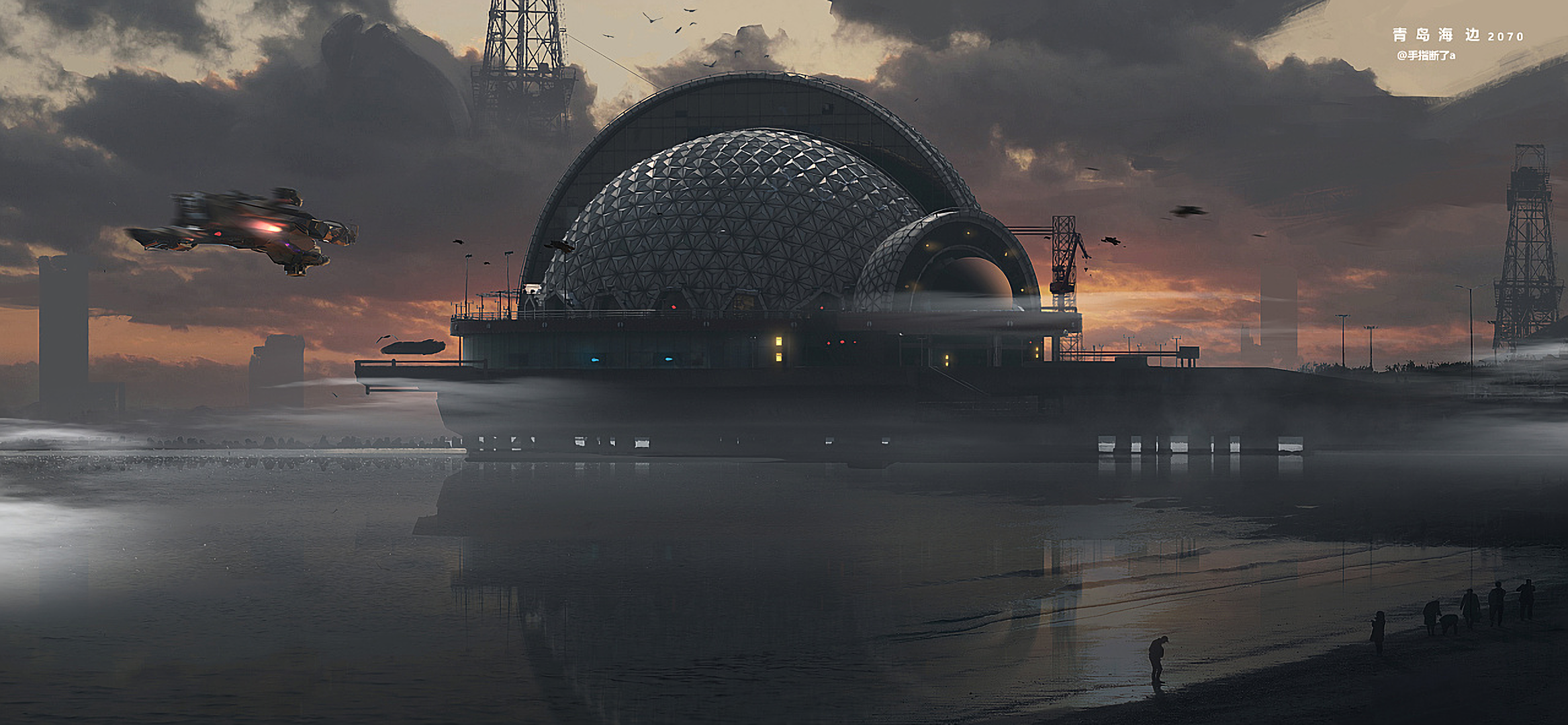 Download Aircraft Sci Fi Building HD Wallpaper by 手指断了 a
