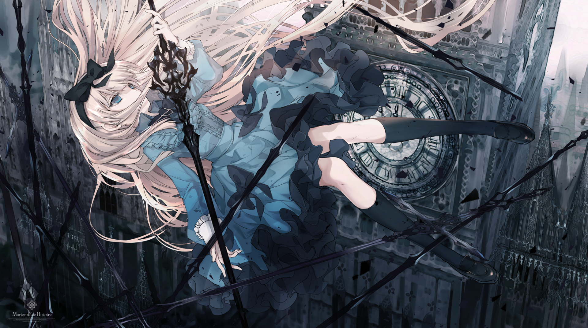 HD anime desktop wallpaper featuring an original character with long blonde hair and a blue dress, standing against a backdrop of large clock gears.