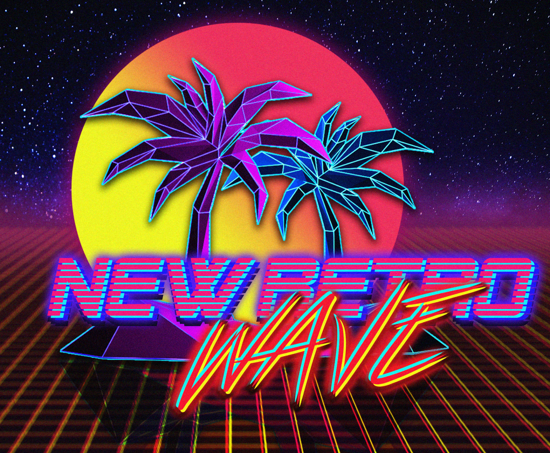 HD artistic retrowave PC desktop wallpaper featuring neon grid, glowing palm trees, and vibrant sun with futuristic New Retro Wave text.