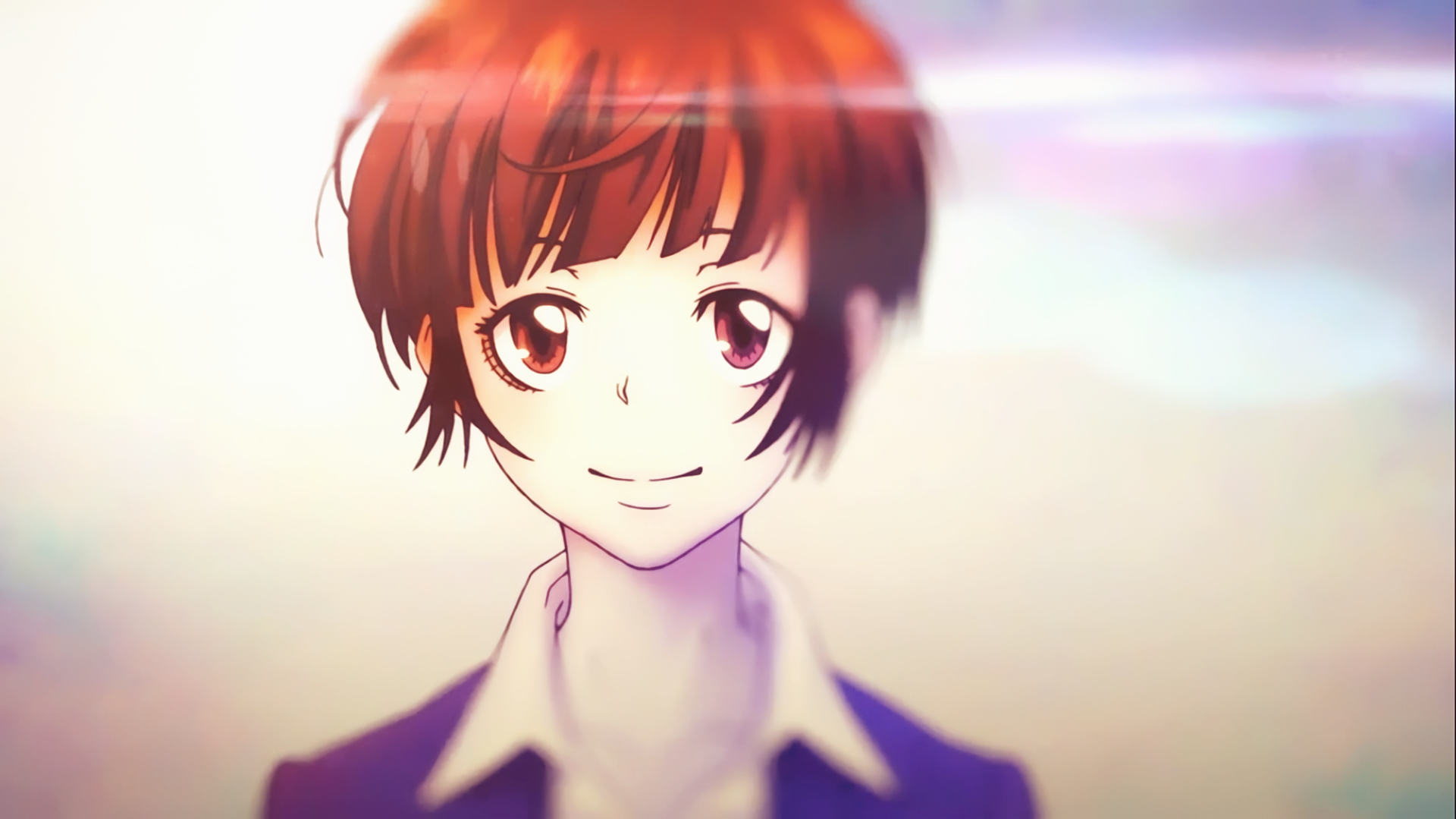 Akane Tsunemori from Psycho‑Pass anime, gentle smile with soft pastel bokeh — HD PC desktop wallpaper and background.