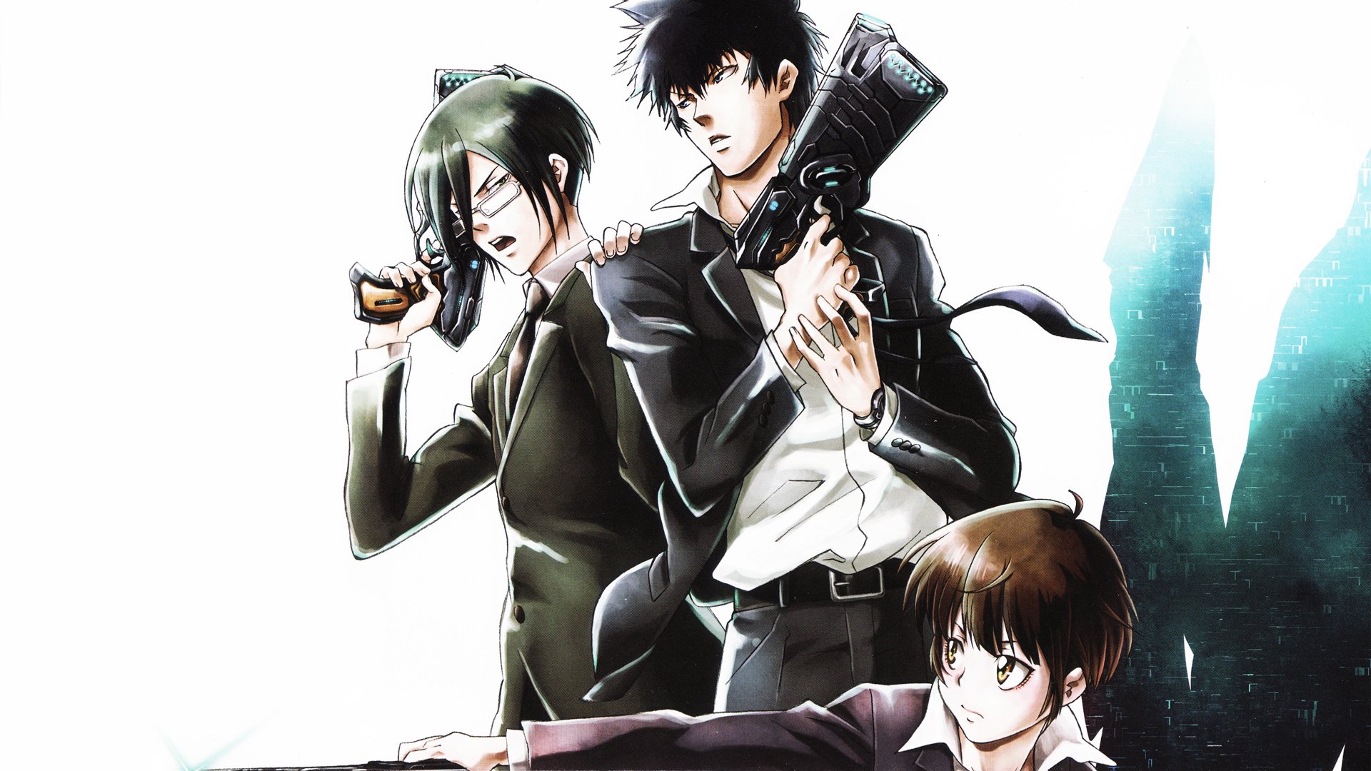 HD anime wallpaper featuring Nobuchika Ginoza, Akane Tsunemori, and Shinya Kogami from Psycho-Pass in dynamic poses with contrasting light and dark tones.