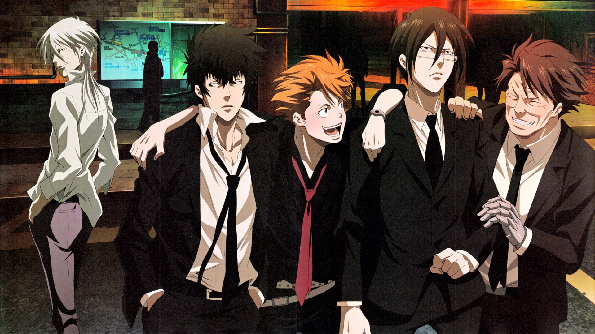 HD anime wallpaper featuring Tomomi Masaoka, Nobuchika Ginoza, Shinya Kogami, Shougo Makishima, and Shuusei Kagari from Psycho-Pass in a casual group scene.
