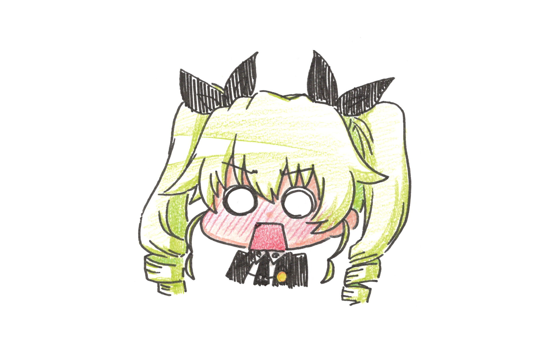 Chibi sketch of Anchovy (Girls und Panzer), anime-style blushing twin-tails with black bows, hand-drawn on white backdrop — HD PC desktop wallpaper background