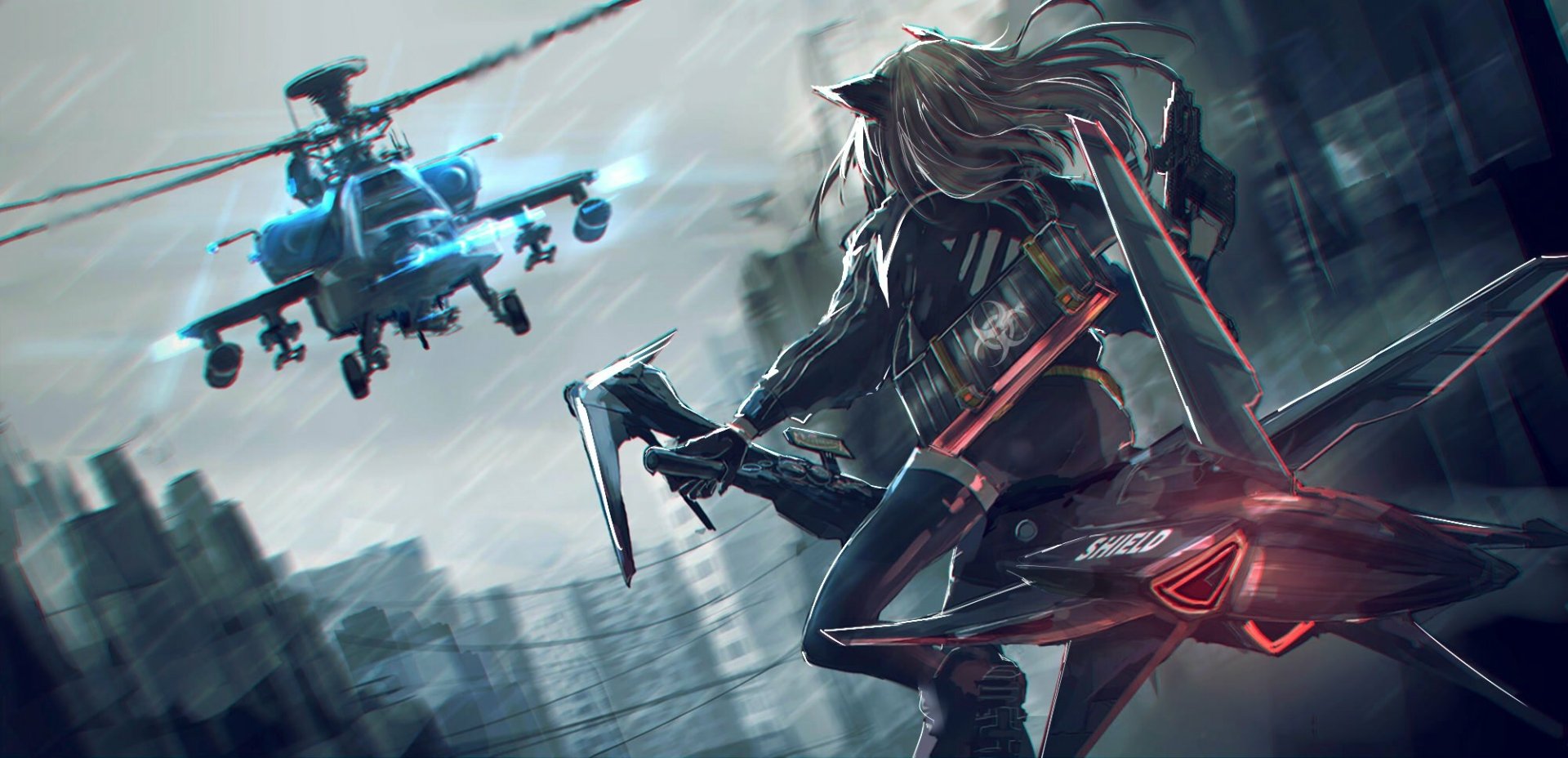 Anime-style original artwork of a nekomimi character in thigh highs, poised on a futuristic vehicle, with a helicopter flying nearby, set in a dynamic, light-filled scene.