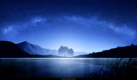 A serene night scene features a tranquil lake reflecting mountains under a sky filled with stars and the aurora australis, creating a captivating anime-inspired landscape.