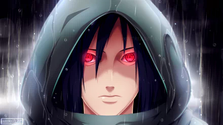 HD desktop wallpaper featuring Madara Uchiha from Naruto with the Mangekyō Sharingan activated, glowing red eyes under a hood in the rain, representing the Uchiha Clan's iconic visual power.