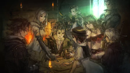 HD wallpaper of Octopath Traveler characters Alfyn, Cyrus, H'aanit, Olberic, Ophilia, Primrose, Therion, and Tressa gathered around a table.