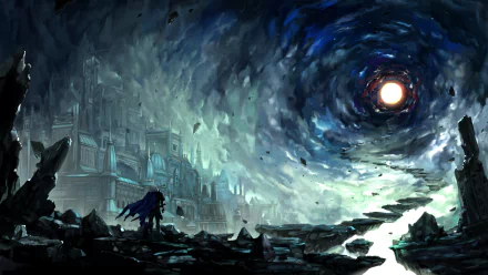 A fantasy landscape HD desktop wallpaper depicting a lone figure on a path leading toward a mystical, swirling sky above an ancient, towering building.