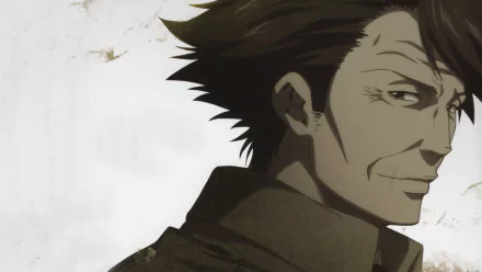 HD PC desktop wallpaper of Tomomi Masaoka from Psycho-Pass: close-up side profile, weathered features and a wry smile against a muted, textured background.