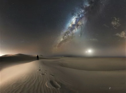 A mesmerizing HD desktop wallpaper featuring footprints on a dune under a starry night sky, with the Milky Way and galaxy visible, creating a stunning Sci-Fi desert landscape.