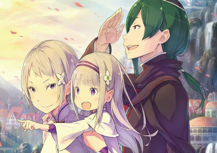 HD PC wallpaper featuring anime characters Fortuna, Petelgeuse Romanée-Conti, and Emilia from Re:Zero - Starting Life in Another World, set against a vibrant fantasy backdrop.