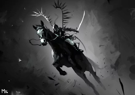 HD desktop wallpaper of a fantasy warrior riding a horse into battle. The warrior wields a sword, and the dynamic composition evokes an intense and dramatic atmosphere.