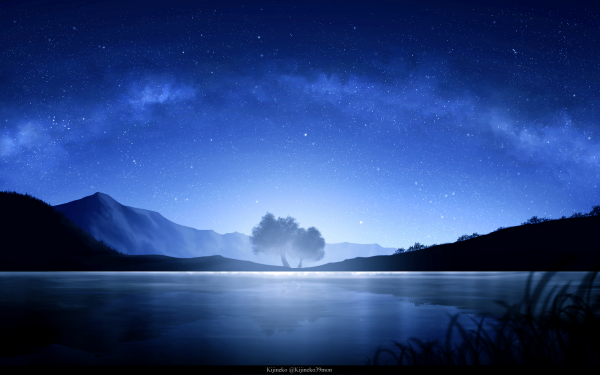 Anime Original Lake Night Stars Aurora Australis Mountain HD Wallpaper | Background Image