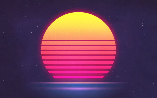 A vivid synthwave background featuring a large, stylized sunset with horizontal lines against a dark, starry sky. This HD desktop wallpaper showcases retro wave aesthetics in brilliant hues of yellow, orange, and pink.