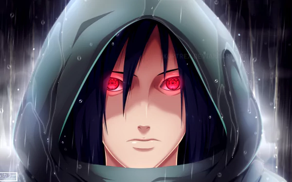 HD desktop wallpaper featuring Madara Uchiha from Naruto with the Mangekyō Sharingan activated, glowing red eyes under a hood in the rain, representing the Uchiha Clan's iconic visual power.