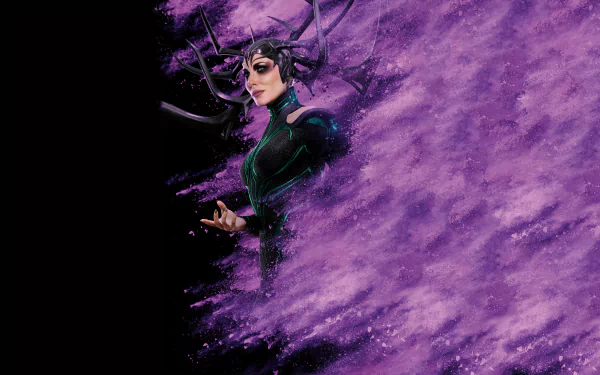 HD desktop wallpaper of Cate Blanchett as Hela from the movie Thor: Ragnarok, enveloped in a swirling purple mist, showcasing her character's dark and powerful presence.