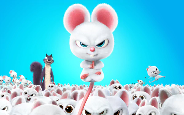 2K Quad HD PC wallpaper from The Nut Job 2: Nutty by Nature — a fierce white mouse stands atop a crowd of white rodents, with a raccoon and other critters on a bright blue background.