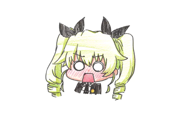 Chibi sketch of Anchovy (Girls und Panzer), anime-style blushing twin-tails with black bows, hand-drawn on white backdrop — HD PC desktop wallpaper background