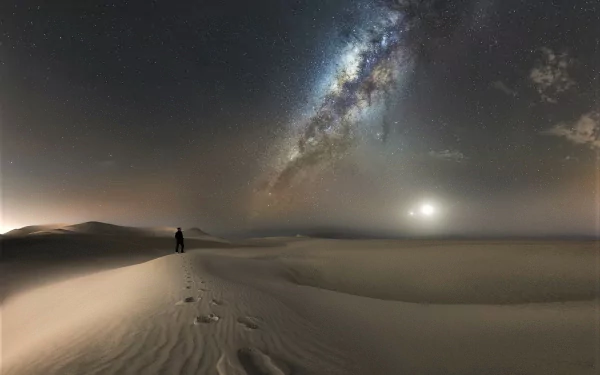 A mesmerizing HD desktop wallpaper featuring footprints on a dune under a starry night sky, with the Milky Way and galaxy visible, creating a stunning Sci-Fi desert landscape.