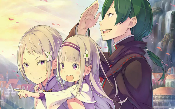 HD PC wallpaper featuring anime characters Fortuna, Petelgeuse Romanée-Conti, and Emilia from Re:Zero - Starting Life in Another World, set against a vibrant fantasy backdrop.