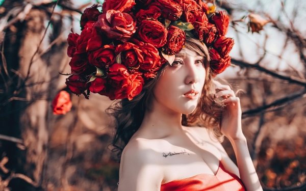 Women Model Brunette Brown Eyes Tattoo Depth Of Field Flower Red Flower Headdress HD Wallpaper | Background Image