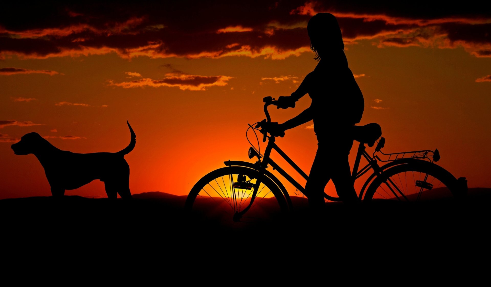 Silhouettes of a person on a bicycle and a dog against a vibrant sunset sky, captured in a high-definition photography background.