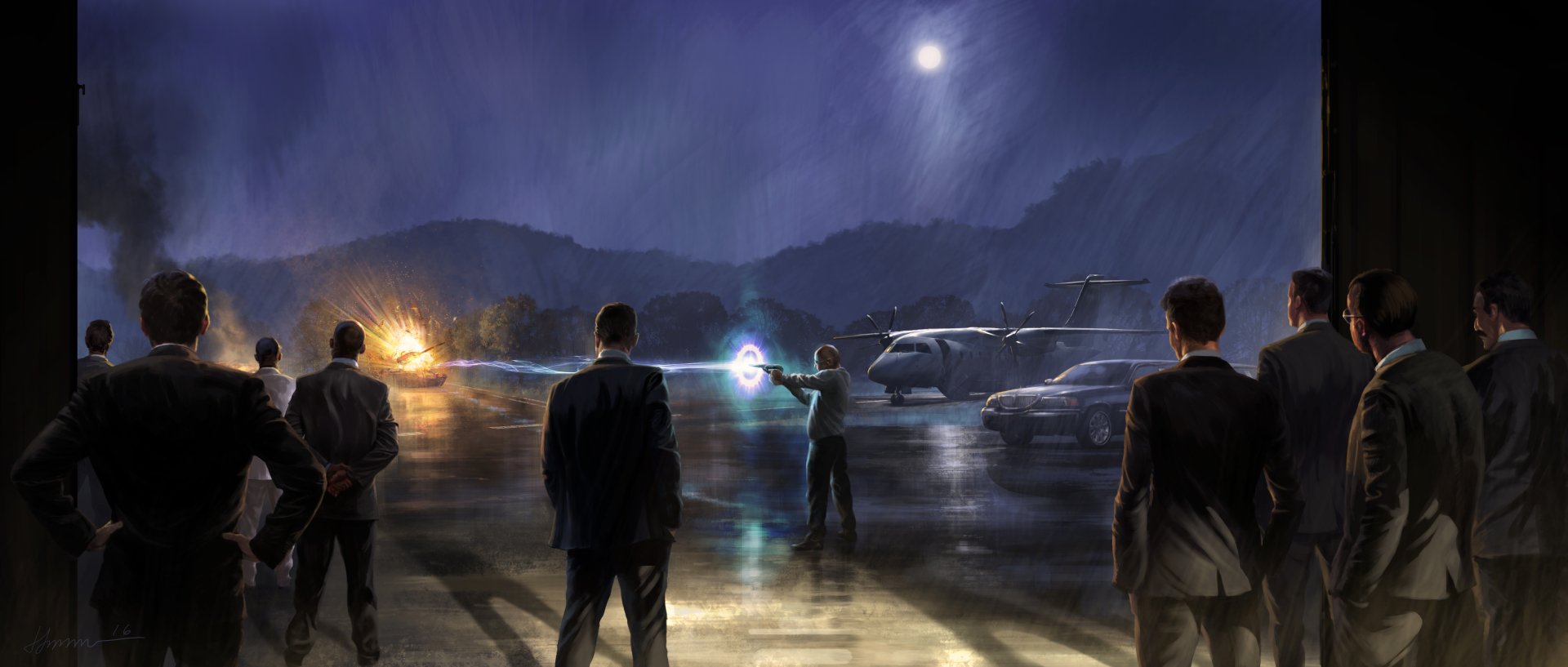 A dramatic scene from Spider-Man: Homecoming, featuring a group of silhouetted figures against a nighttime backdrop, with a helicopter and a bright light illuminating the environment.