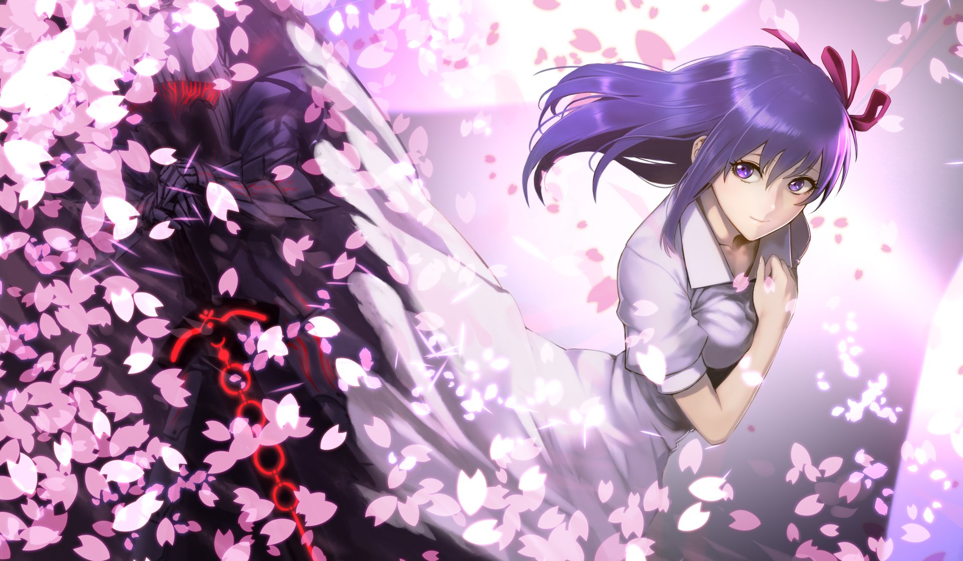 Anime HD desktop wallpaper featuring Sakura Matou with flowing purple hair and cherry blossoms, alongside a shadowy figure of Saber Alter from Fate/stay Night Movie: Heaven's Feel.
