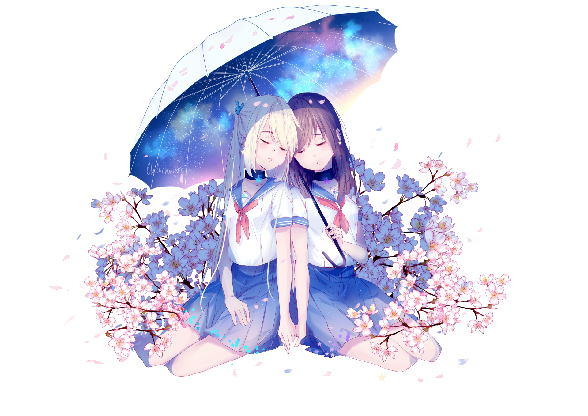 Anime-style HD desktop wallpaper featuring two schoolgirls with long hair, one blonde, sitting under a translucent umbrella surrounded by cherry blossoms in school uniforms.