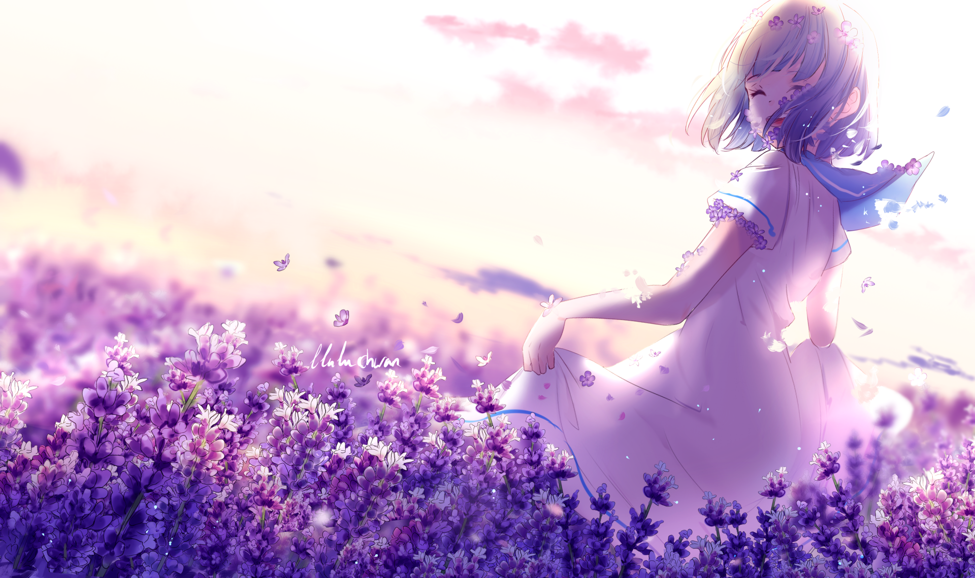 Anime girl with short hair in a white dress stands in a purple flower field, with butterflies around her. The sky is a warm pastel gradient, creating a serene HD desktop wallpaper and background.