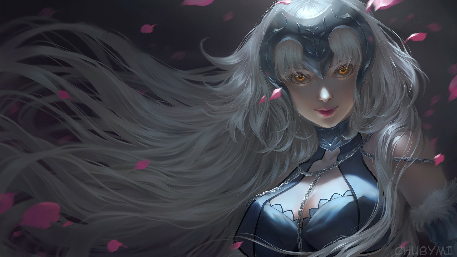HD anime wallpaper featuring Jeanne d'Arc Alter from Fate/Grand Order, showcasing her dark, flowing hair and intense gaze with falling pink petals.