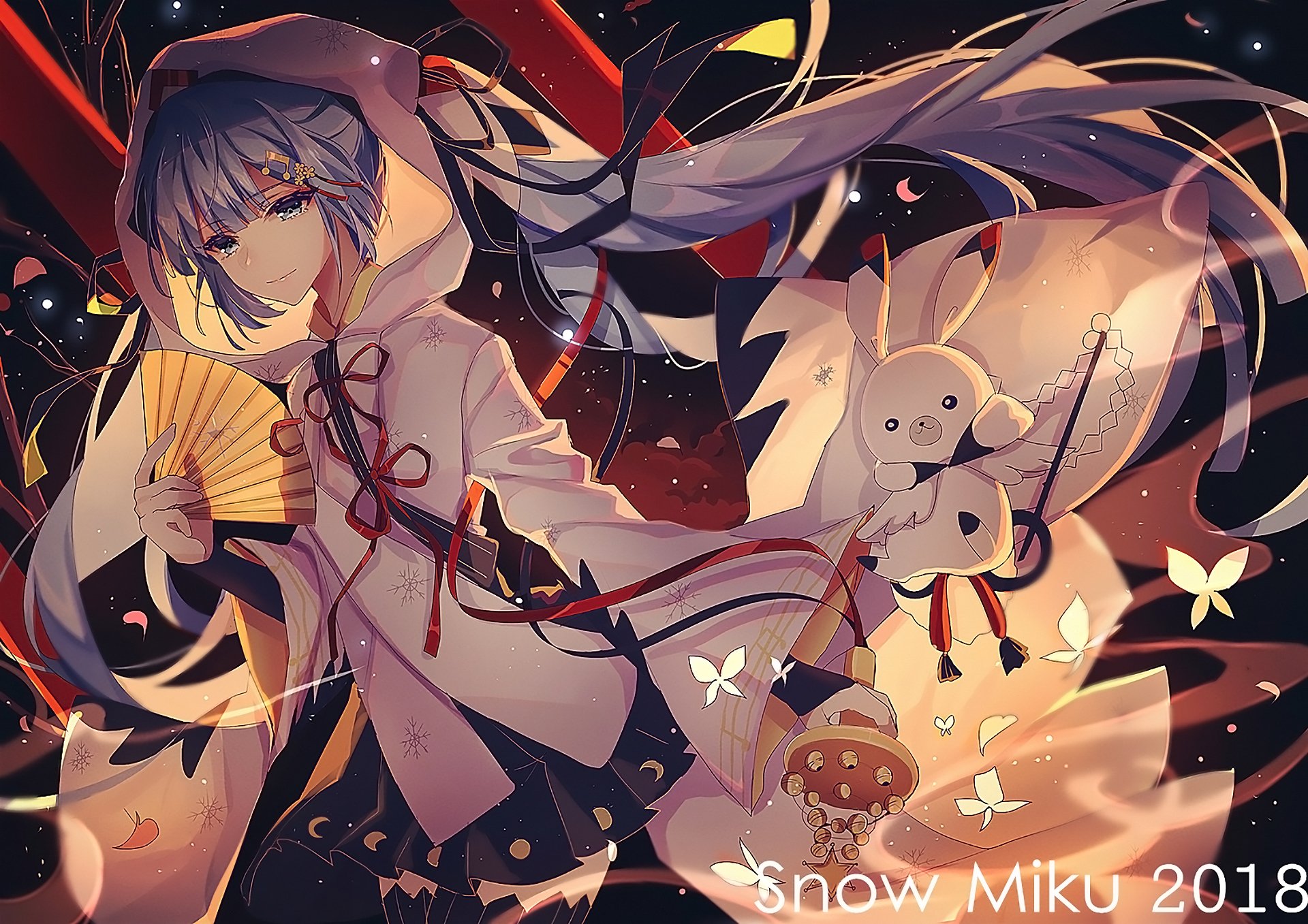 Hatsune Miku anime Vocaloid with flowing teal twin-tails and white hooded outfit, holding a fan with a plush rabbit and glowing butterflies — HD PC desktop wallpaper and background.