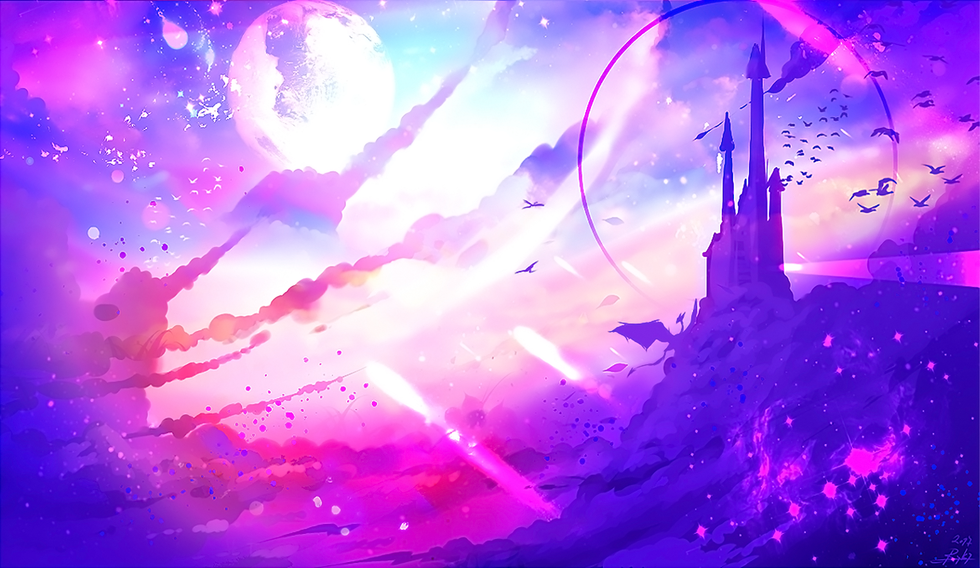 A vibrant anime fantasy scene features a towering castle on a hill, with birds flying around it under a glowing moonlit sky. The colorful HD background is filled with dynamic, luminous hues.