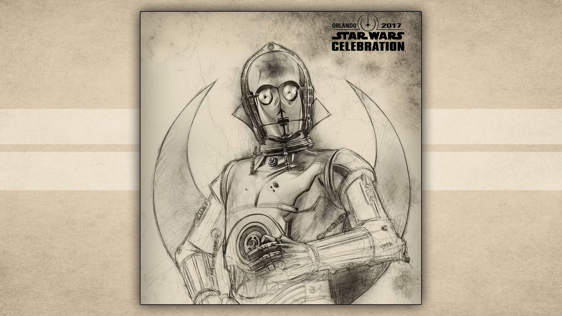 Sketch-style HD desktop wallpaper featuring C-3PO from Star Wars, stamped with the 2017 Star Wars Celebration logo.