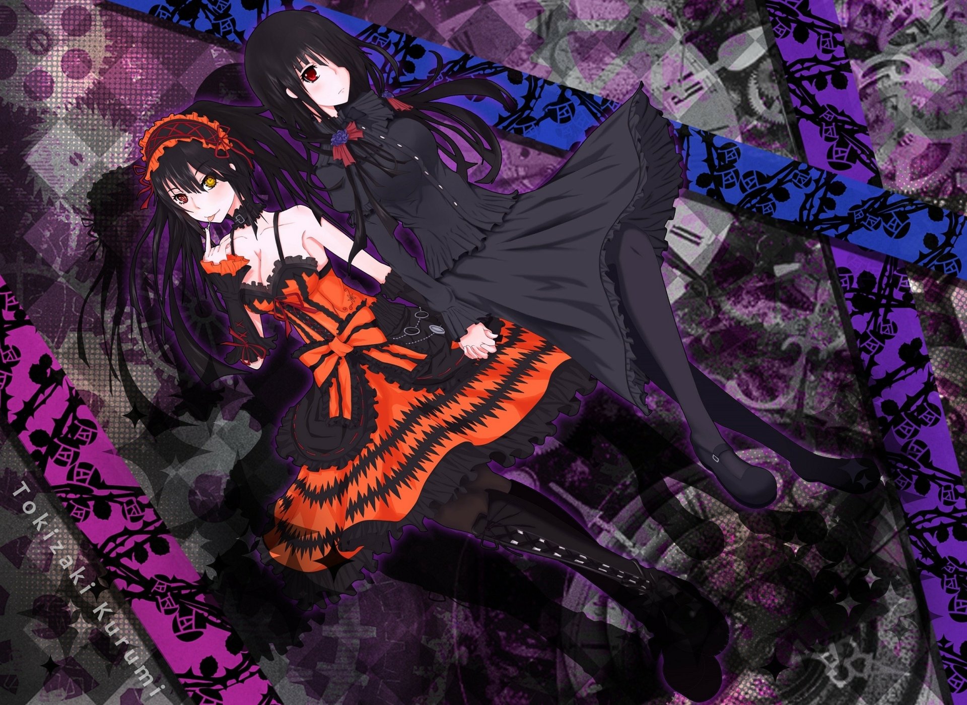 HD desktop wallpaper featuring Kurumi Tokisaki from the anime Date A Live, showcasing her in two contrasting outfits against a vibrant, patterned background.