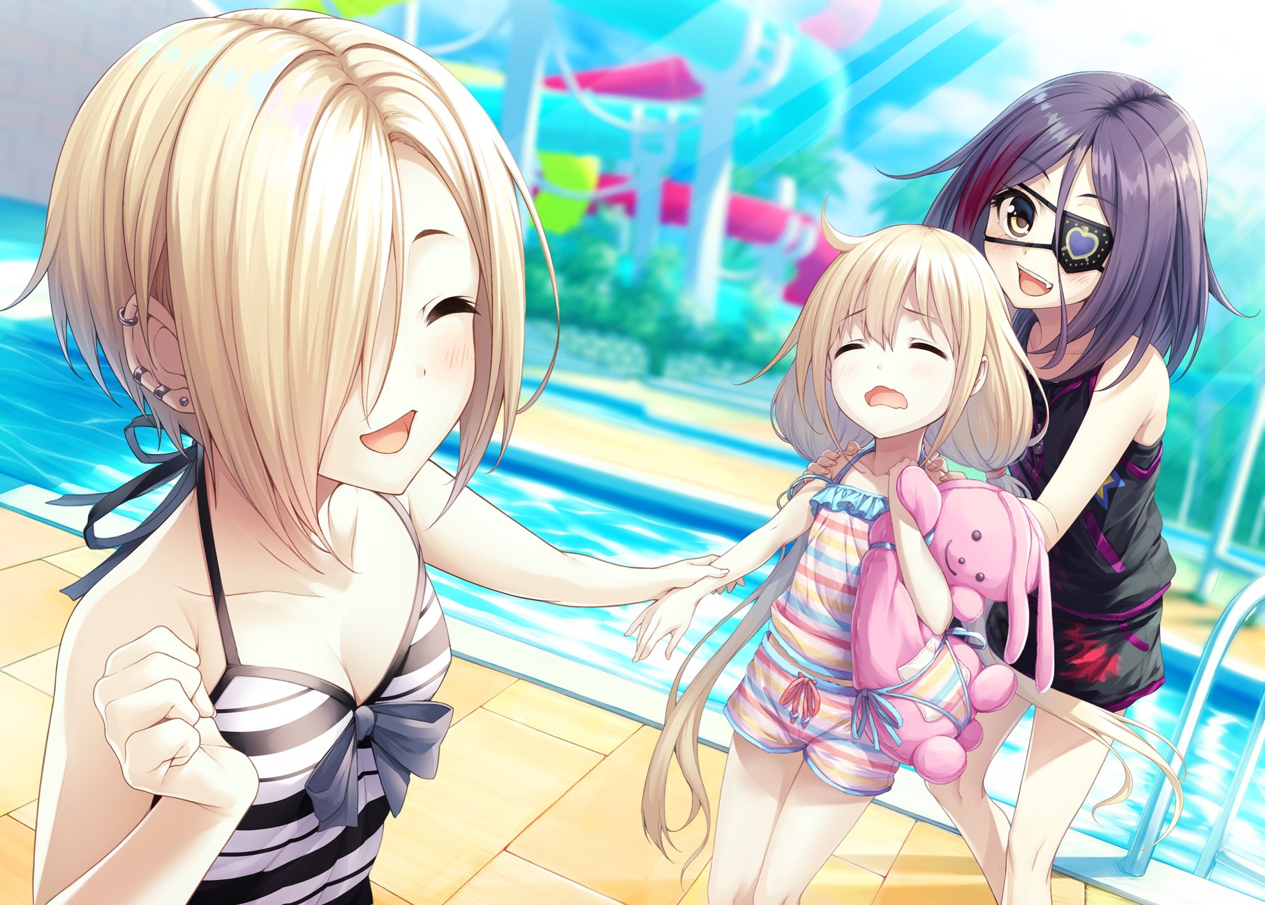 A vibrant HD wallpaper featuring Koume Shirasaka, Mirei Hayasaka, and Anzu Futaba from The iDOLM@STER Cinderella Girls, enjoying a cheerful moment by a pool.