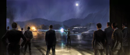 A dramatic scene from Spider-Man: Homecoming, featuring a group of silhouetted figures against a nighttime backdrop, with a helicopter and a bright light illuminating the environment.