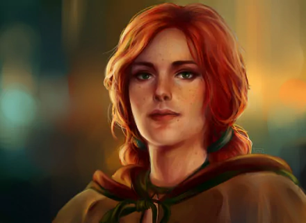 HD desktop wallpaper of Triss Merigold from The Witcher 3: Wild Hunt, featuring her red hair, green eyes, and a softly lit face.